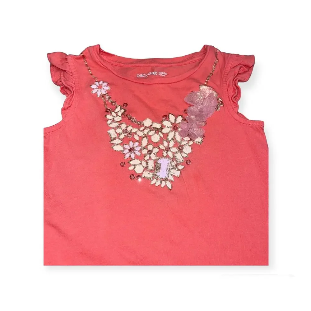 Baby GAP 5T Short Sleeve Ruffle Coral Top Glitter Flower Embellished Necklace